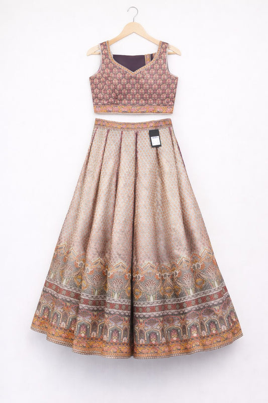 ANTIQUE mauve & beige printed silk lehnga set