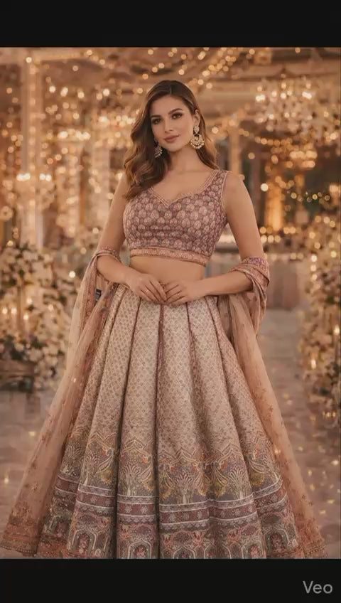 ANTIQUE mauve & beige printed silk lehnga set